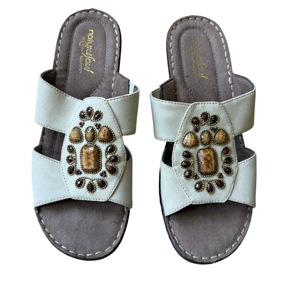 Natural Soul Cream Saymore Slide On Beaded Open Toe Mule Sandals Sz 8.5 Comfort